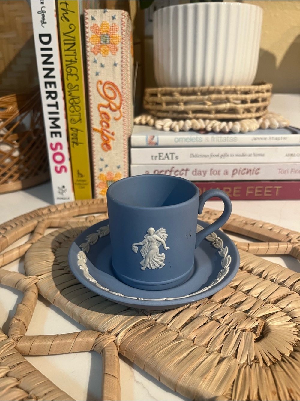 Wedgwood Blue Jasperware Espresso Cup and Saucer with White Relief